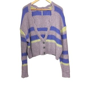 Free People Women's Sz M Neptune Blue Stripe Fine Time Button Down Cardigan Soft